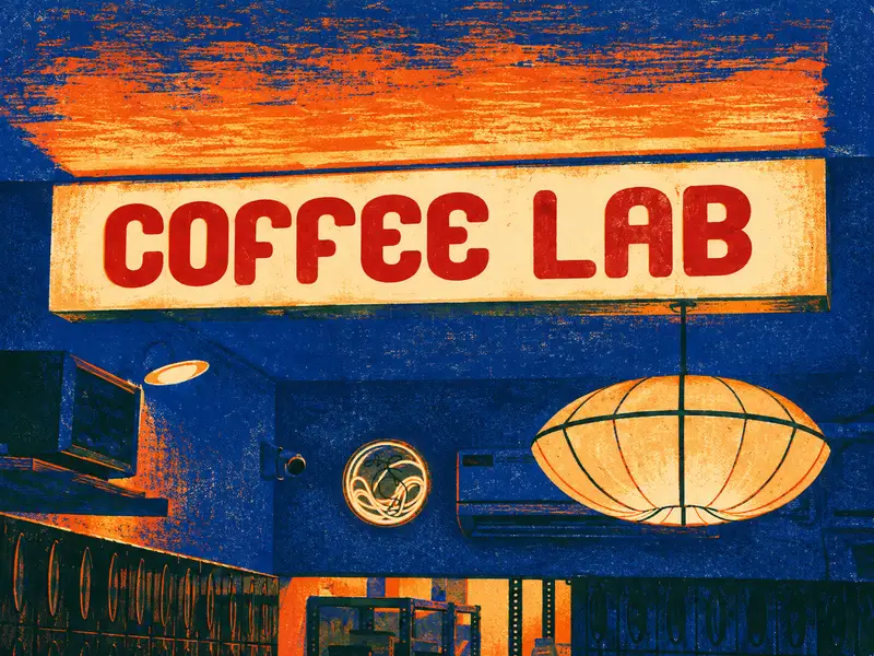 Painted interpretation: the warm lantern and red lettering of Coffee Lab